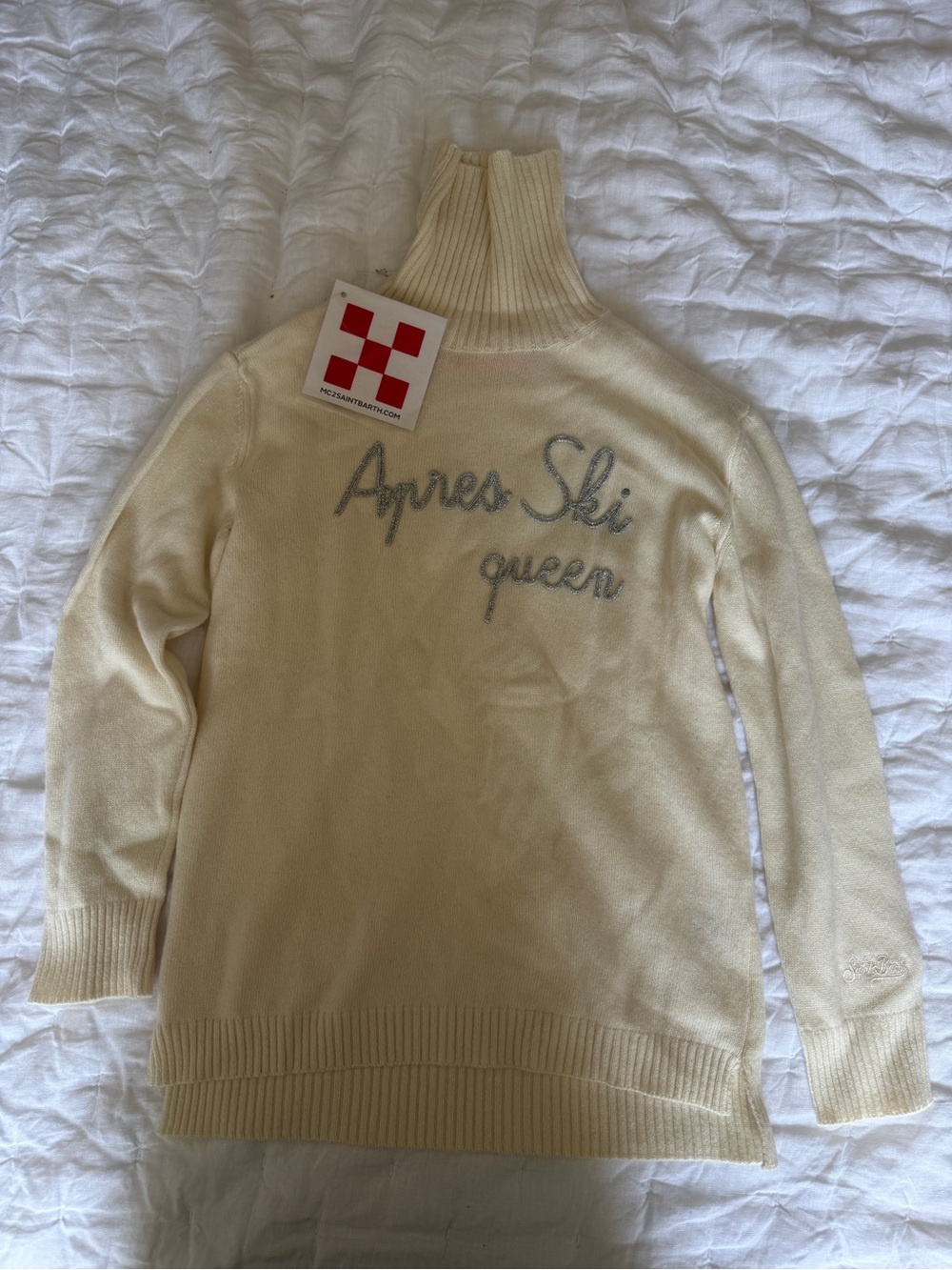 MC2 Saint Barth Cream Turtleneck Sweater with Silver 'Apres Ski queen' Script